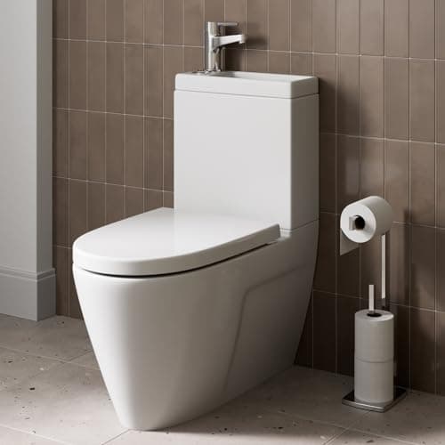 Image of Affine® Bordeaux Modern Bathroom Cloakroom 2 in 1 Close Coupled Toilet & Wash Basin Combi Set Combined Sink with Tap & Waste D Shape Pan, White Gloss