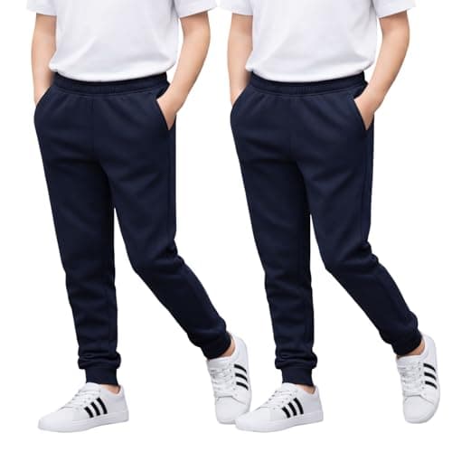 Image of Joggers for Boys & Girls – Jogging Bottoms with Elastic Waistband & Cuffed Ankle, PE & School Trousers for Kids – Comfortable & Breathable Unisex Tracksuit Sweatpants – Navy, 2 Pack(13-14 Yrs)