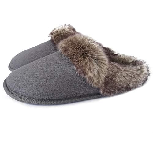 Image of ofoot Womens Winter Warm Moccasins Faux Fur Suede Slippers Indoor Mules Knit Lined Furry House Shoes Non-Slip Rubber Sole (Grey, 7/8 UK)