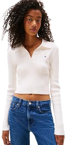 Image of Tommy Jeans Women’s Essential Cropped Polo Jumper, Off-White (Ancient White), L