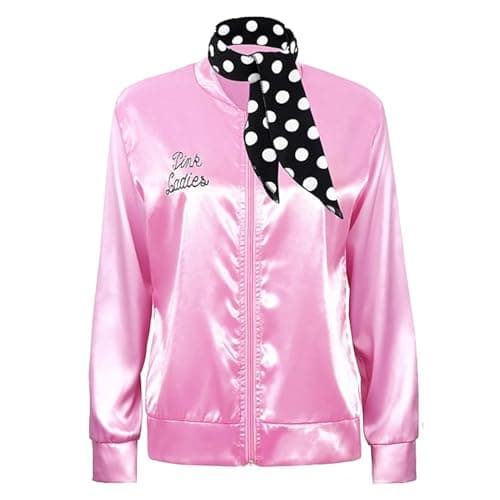 Image of Aleshime Pink Ladies Jacket Grease Fancy Dress Women 1950S Costume Outfits, 50s Ladys Pink Satin Jacket with Neck Scarf Halloween Cosplay Costume