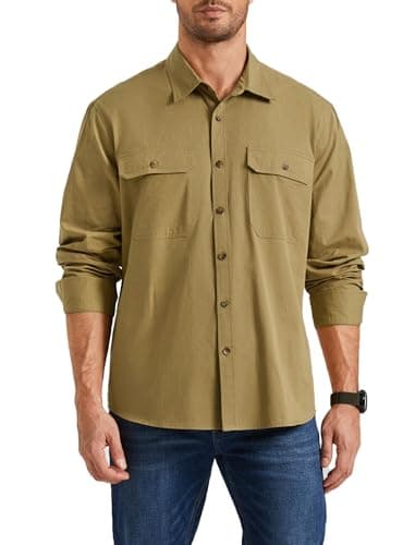 Image of Enlision Mens Long Sleeve Shirts Causal Work Shirt Hard-Wearing Dark Khaki Shacket Overshirt with Double Flap Pockets 2XL