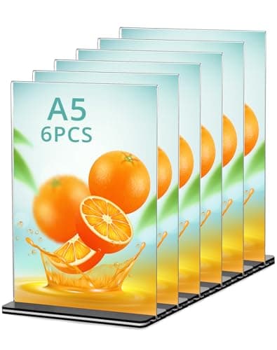 Image of QWORK® 6 Pack A5 Acrylic Sign Holder with Base, Double Sided Acrylic Display Stand Poster Menu Holder for Office Hotel Restaurant Exhibition Wedding