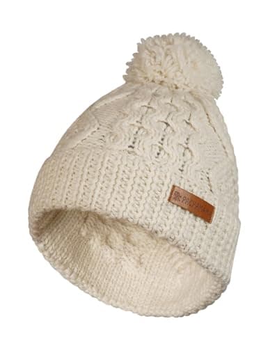 Image of Pachamama Women 100% Pure Fine Merino Wool Beanie Bobble Hat Handknitted Cable Pattern Plain One-Size Handmade Soft Warm Breathable Moisture Wicking Fair Trade (UK, Alpha, One Size, Cream)