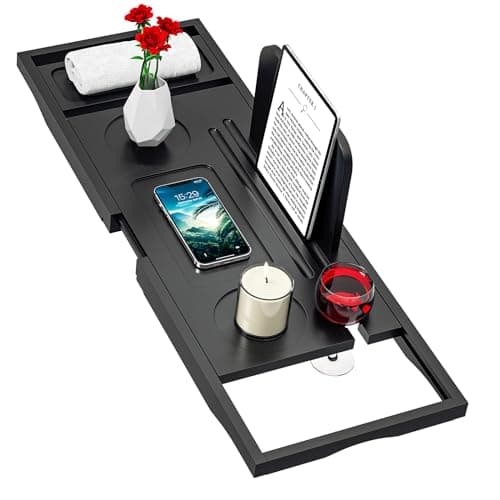 Image of Premium Bath Tray Caddy Black - Bath Trays for Across The Bath - Bamboo Bathtub Tray - Expandable Size, Fits Most Bath Tubs