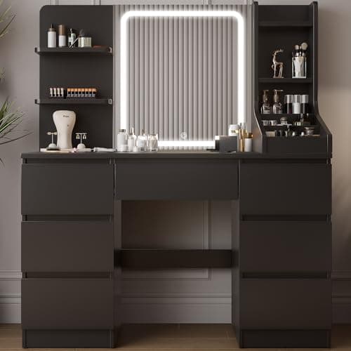 Image of TRIUMPHKEY Dressing Table, Vanity Desk with LED Mirror, Adjustable Brightness, Modern Vanity Table with 7 Drawers, 4 Shelves and 3 Open Compartments for Bedroom, 110x40x139cm (Black)