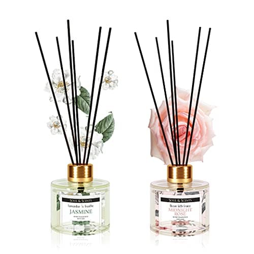 Image of Soul & Scents Jasmine & Midnight Rose Reed Diffuser Set - 120ml with 6 Fiber Sticks Each | Stress Relief & Aromatherapy | Scented Air Freshener for Home, Bedroom, Bathroom & Office | Pack of 2
