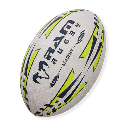 Image of Ram Rugby Academy Training Ball (Size 3 & 4) – Hand Stitched 3-Ply with 1 Year Shape Guarantee – High Grip Rubber Surface for Youth & Club Use