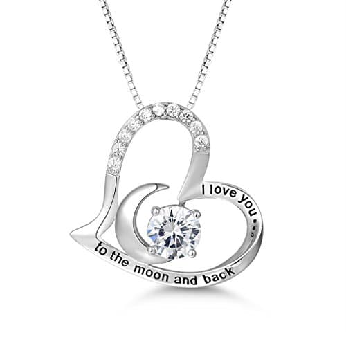 Image of PRETTERY Sterling Silver Necklace I Love You to The Moon and Back Zirconia Heart Pendant Gifts for Women,45+3cm Chain