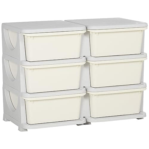 Image of HOMCOM 6 Drawers Plastic Storage Units, 3 Tier Kids Storage Units, Children Toy Chest for Nursery, Playroom, Bedroom, Cream