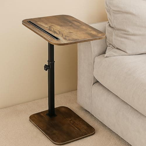 Image of M.J COMFY-LIFE C-Shape Side Table, Height Adjustable Swivel Sofa Table 360° Rotating Tray Space-Saving Coffee Snack and Bed End Table for Living Room Bedroom Bedside Couch (Rustic Brown, 1)