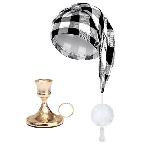 Image of Runhomal Adjustable Sleeping Hat Plaid Pom Ball Sleep Night Cap with Candle Holder Christmas Hats Black White One Size