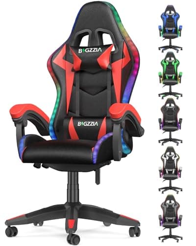 Image of bigzzia Gaming Chair with RGB Computer Chair with Light Reclining PU Leather Video Game Chair with Headrest Adjustable Lumbar Support (With RGB led, Black/Red)