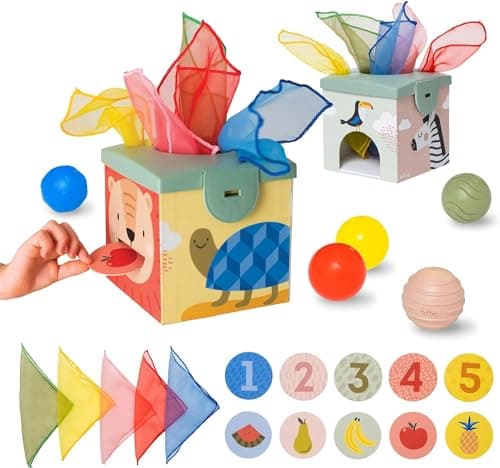 Image of Taf Toys Magic Tissue Box Toy for Infant & Toddlers. Colour Matching & Sorting Toy. Includes 5 Tissues, 5 Balls & 5 Double-sided Playing Flash Cards. Suitable for Boys & Girls 18 months +