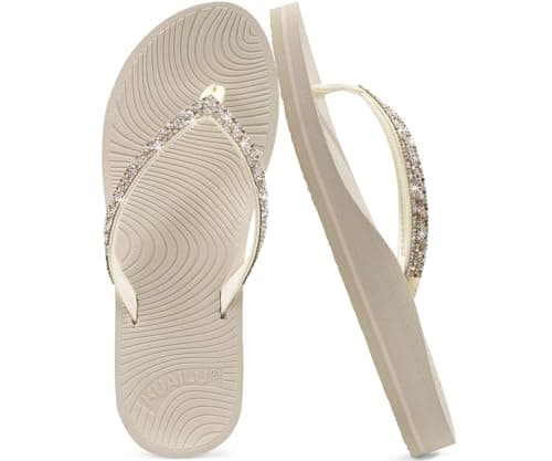 Image of KuaiLu Women's Rhinestone Flip Flops with Comfort Arch Support Yoga Mat Cushion Sandals Fashion Summer Beach Pool Travel Orthotic Walking Thong Sandles Slip on Plantar Fasciitis Beige White 5