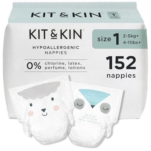 Image of Kit & Kin Premium Baby Nappies Size 1 | Newborn 2-5 kgs / 4-11 lbs | Pack of 152 Nappies | Plant-Based Materials On Baby's Skin | Hypoallergenic | Superior Leak Protection