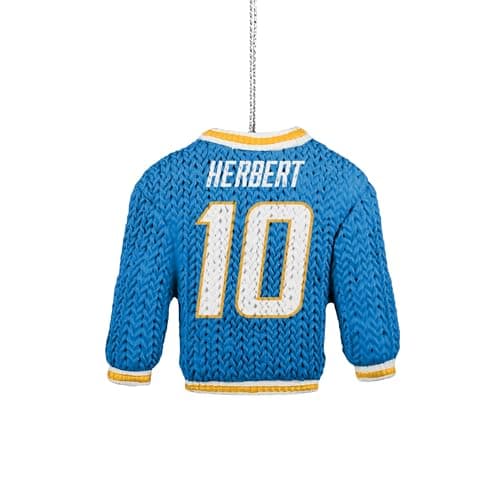 Image of FOCO - NFL Football Holiday Sweater Resin Xmas Christmas Tree Hanging Ornament (Los Angeles Chargers - Justin Herbert)