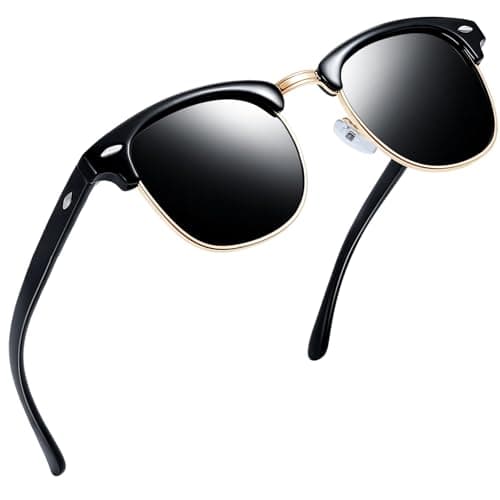 Image of Joopin Semi-Rimless Polarised Sunglasses Mens, UV400 Protection Classic Horn Rimmed Half Frame Sunglasses for Men Women (Glossy Black)