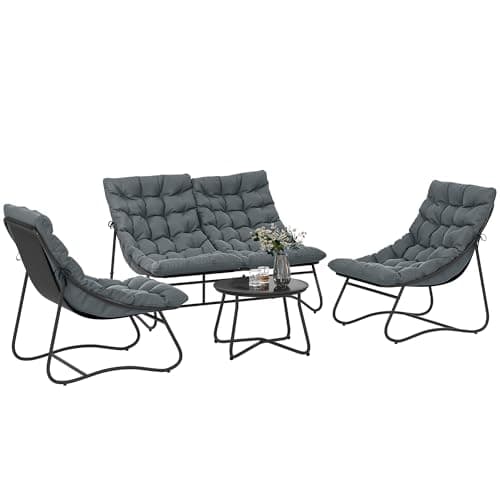 Image of Outsunny 4 Seater Garden Furniture Set, Conversation Set with Loveseat Sofa, Chairs, Glass Coffee Table, Thick Cushions, Steel Outdoor Sofa for Balcony, Poolside, Conservatory, Grey