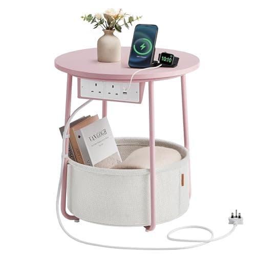 Image of VASAGLE Side Table with Charging Station, Round End Table with Power Outlets, USB Ports, Fabric Basket, Living Room, Bedroom, Bedside Table, Modern, Jelly Pink and Cream White LET228R03