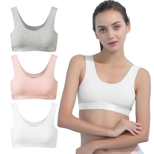 Image of INNERSY First Bra for Girls Crop Top Cotton Bralettes Training Bras Teen Underwear Multipack 3 (L, White/Light Pink/Grey)