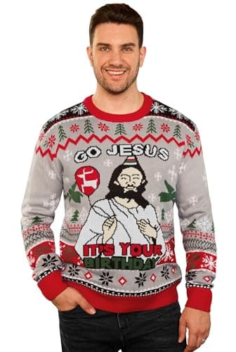 Image of Mainfini Funny Holiday Sweater Celebration Party Pattern Whimsical Christmas Design Long Sleeve Ugly Pullover Seasonal Party Wear Grey XXL