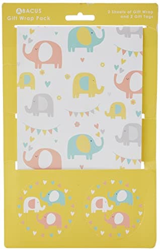 Image of Abacus 10007A"Elephant Fun" Gift Wrap Pack with 2 Sheets/Strung Tags FULLY RECYCLABLE, 500mm x 700mm
