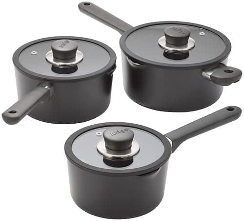 Image of Judge Vista Ceramic 3-Piece Draining Saucepan Set – Aluminium Base with Non-Stick Ceramic Coating, Stay Cool Handles, Induction Compatible – Includes 16cm, 18cm & 20cm Draining Saucepans