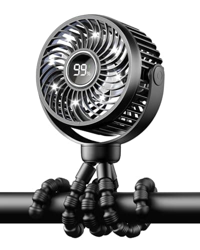Image of Bearwind Mini Portable Pram Fan, Rechargeable Clip On Fan for Stroller, Digital Display & Night Light, 4 Speeds, 360° Rotate Flexible Tripod Cooling for Buggy, Pushchair, Car Seat, Travel (Black)