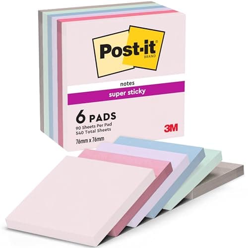 Image of Post-it Super Sticky Notes, 540 Sheets, Pack of 6 Pads, 76 mm x 76 mm - Holds Strong to Many Surfaces - Blue, Green, Grey, Pink, Purple - for Walls, Monitors and Fridge, Recycable