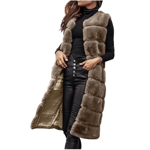 Image of duxyoz Faux Fur Coats Gilets For Women Uk Winter Warm Sleeveless Vest Coat Shaggy Long Jacket Elegant Fluffy Body Warmer Waistcoat Casual Outwear Longline Open Front Cardigans Overcoat 01 Khaki