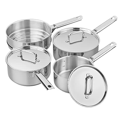 Image of Tala Performance 3 Piece Stainless Steel Cookware Set with Free Long Handled Multi Steamer. 16cm, 18cm and 20cm Saucepans with Superior Grade Stainless Steel Lids, Ideal for All hob Types