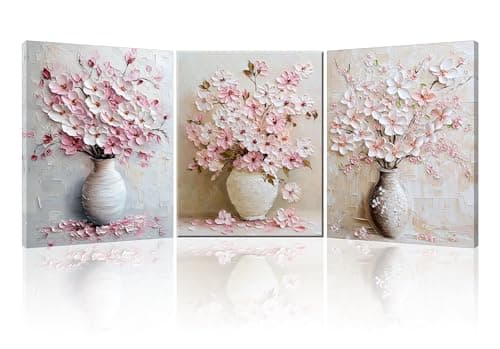 Image of Piy Painting Set Of 3 Modern Canvas Prints Wall Art, Pink Floral Canvas Wall Art Bedroom, Pink Pictures For Living Room, Decorative Paintings For Bedroom Hallway Office Bathroom 12x16 inch