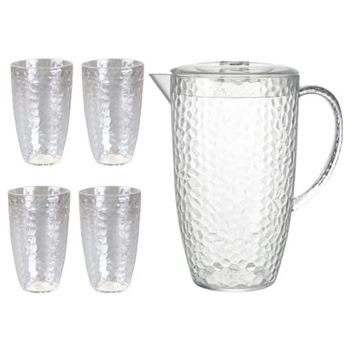 Image of eMKay® Reusable Four Dimple Plastic Tumblers (650ml) & ONE Clear 2L Dimple Pitcher with Lid Set Durable Shatterproof Beakers & Jug for Juice, Water, Iced Tea – Ideal for Outdoor Use & Family Picnics