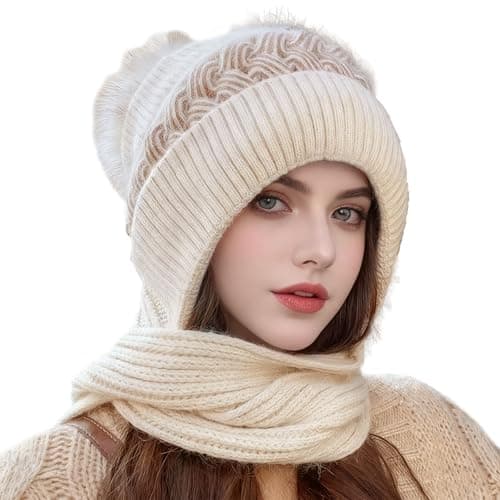 Image of KASESSS Knitted Hat with Scarf Set, Winter Hats for Women, Hooded Scarf Integrated Ear Protection Windproof, Slouchy Warm Knitted Beanie with Pom Pom for Outdoor Sports for Women Girls, Beige