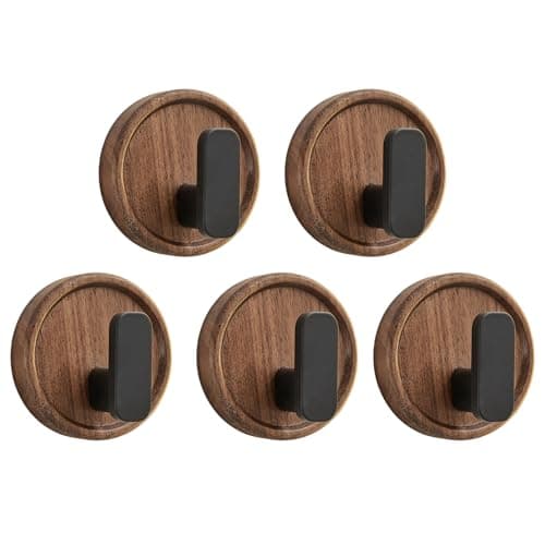 Image of CenviaLuxy 5PCS Coat Hooks Wall Mounted, Walnut Self Adhesive Wooden Hooks Wall Hangers for Bathrooms Kitchens Towels Coats Clothes Bags