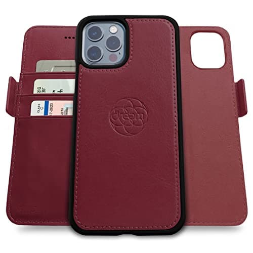 Image of dreem Fibonacci 2-in-1 Wallet Case for Apple iPhone 12 Pro Max - Luxury Vegan Leather, Magnetic Detachable Shockproof Phone Case, RFID Card Protection, 2-Way Flip Stand - Burgundy