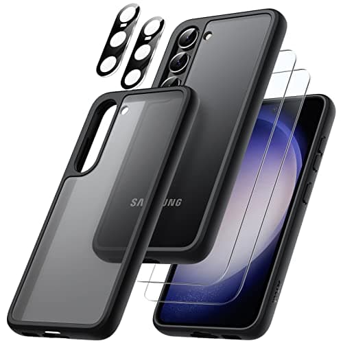 Image of JETech 5 in 1 Matte Case for Samsung Galaxy S23 5G 6.1-Inch with 2 Screen Protector and 2 Camera Lens Protector, Translucent Back Protective Phone Cover, Tempered Glass Film (Black)