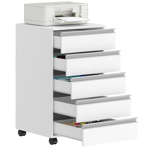 Image of Hzuaneri 5-Drawer Mobile File Cabinet, Filing Cabinet with Lock and Wheels, Under Desk Storage, Fits A4, Legal, Letter, for Home, Office and School, 40 x 40 x 65 cm, White, FC55503X