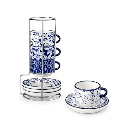 Image of vancasso Selene Espresso Cups Set of 4, 2.5oz/75ml Cup and Saucer Set, Porcelain Coffee Cups with Metal Stand, Microwave & Dishwasher Safe, Cup Suitable for Turkish Coffee, Espresso, Macchiato 