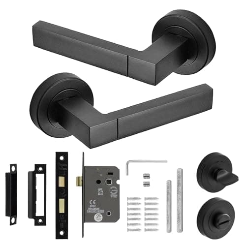 Image of Decoranddecor Lumina Matt Black Internal Door Handles – Aluminium Handle Sets with Bathroom Lock and Turn Release – Sleek Design for Modern Interior Doors