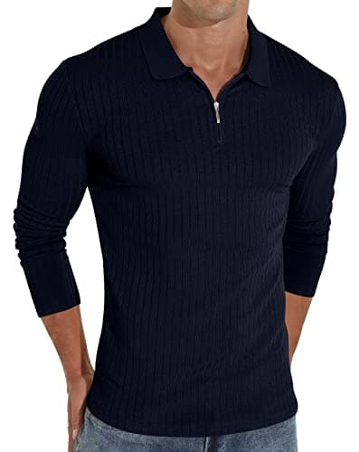 Image of Sailwind Zipper Polo Shirts for Men Long Sleeve Slim Fit Shirts Casual Stretch Ribbed Knit Zip Shirt (Navy Blue, XL)