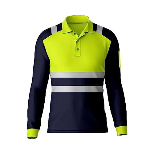 Image of Mens High Visibility Reflective Tape Hi Vis Safety Workwear Polo Shirt Long Sleeve Tee Contrast Tshirt Top Yellow Navy