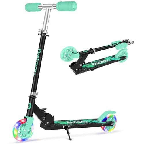 Image of BELEEV V1 Scooter for Kids, 2 Wheels Folding Kick Scooter for Children Girl and Boys, 3 Adjustable Height, Flashing Light up Wheels, Lightweight Scooter with Sturdy Frame, Age 3-12(Aqua Black)