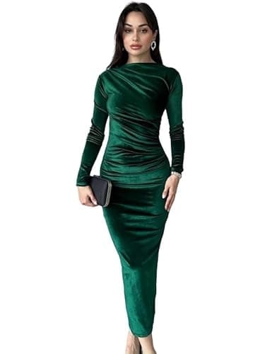 Image of Haibang Women's Velvet Bodycon Midi Dress Long Sleeve Ruched Maxi Dress Elegant Slim Fit Cocktail Party Dresses Green