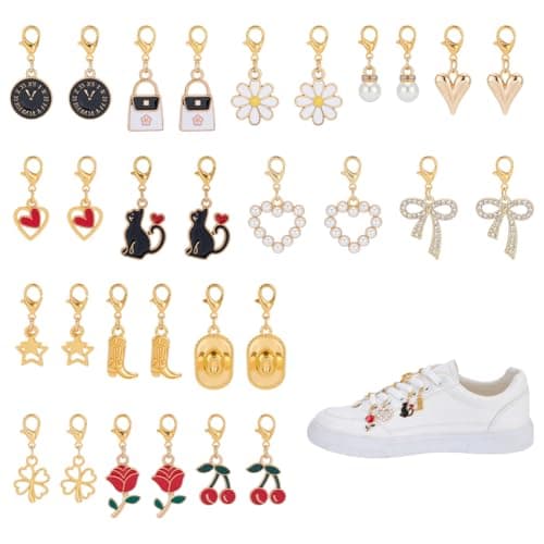 Image of UNICRAFTALE 30Pcs 15 Styles Metal Boot Charm Bow Heart Star Shoe Charms with 30Pcs Rings Cat Daisy Shoelace Charms Golden Shoe Decoration Pendant for Women Sneaker Boots Sandal Casual Shoes Decor