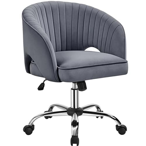 Image of Yaheetech Modern Velvet Desk Chair, Makeup Vanity Chair with Tufted Barrel Back Height Adjustable Accent Armchair Swivel Task Chair for Home Office Dark Gray