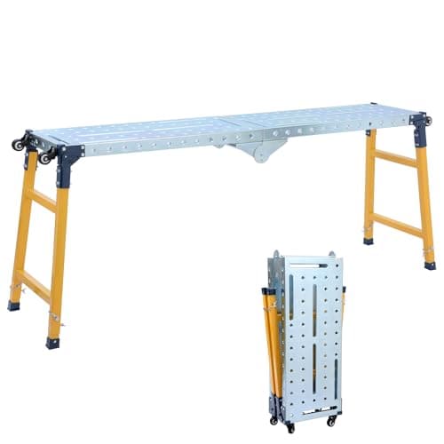 Image of TOPWAY Foldable Adjustable Work Platform, 500kg Load Capacity, with 4 Casters Carbon Steel Anti-Skid Surface Hop Up Work Bench Folding Scaffolding for Indoor Outdoor Jobs, 180 x 36 x 120.5cm
