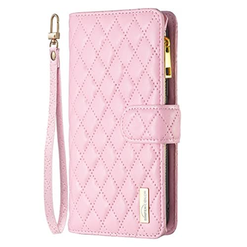 Image of for iPhone SE 2022 / SE 2020 Case, iPhone 7/8 Phone Case Zipper Flip Shockproof Leather Wallet Cover with Kickstand Card Holder Silicone Bumper Zip Pocket Folio Cases for Girls Women, Pink