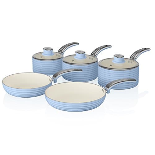 Image of Swan SWPS5020BLN Retro 5 Piece Aluminium Pan Set with Glass Lid, Non-Stick Ceramic Coating, Blue